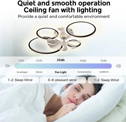 LuxiLamps - 4 Ringen LED Plafondventilator - Zwart - 6 Snelheden - Smart lamp - Dimbaar Met Afstandsbediening & APP - Moderne Cirkel Ventilator Licht - Kroonluchter Ventilator