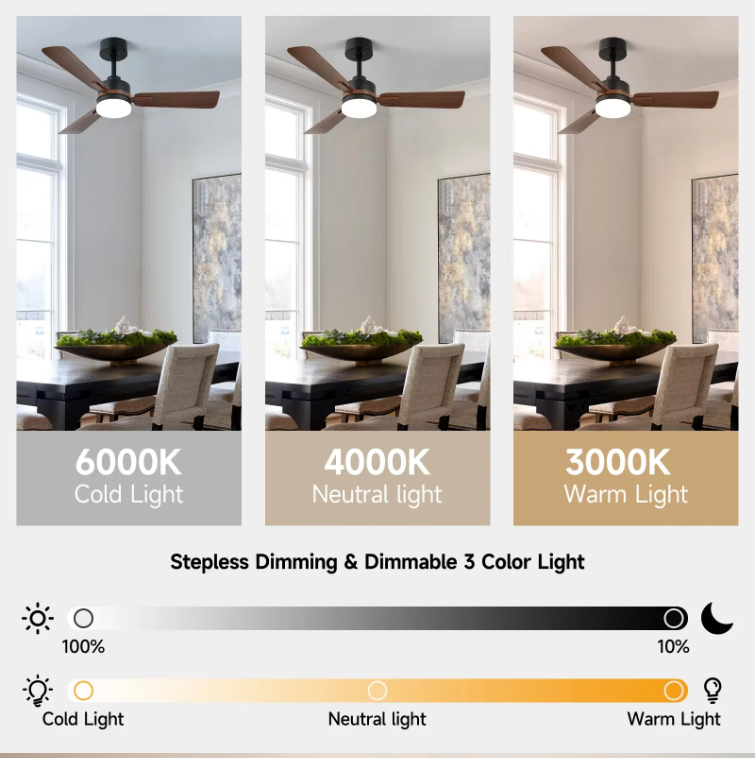 3-Blade Ceiling Fan - Modern LED Fan - 6 Speeds - Black/Brown - Remote Controlled - 105 cm