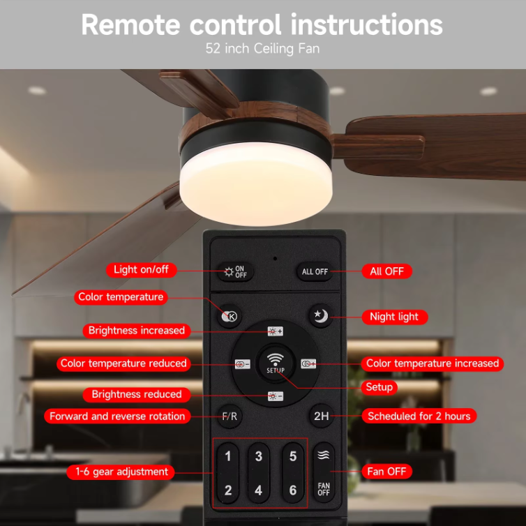 3-Blade Ceiling Fan - Modern LED Fan - 6 Speeds - Black/Brown - Remote Controlled - 105 cm