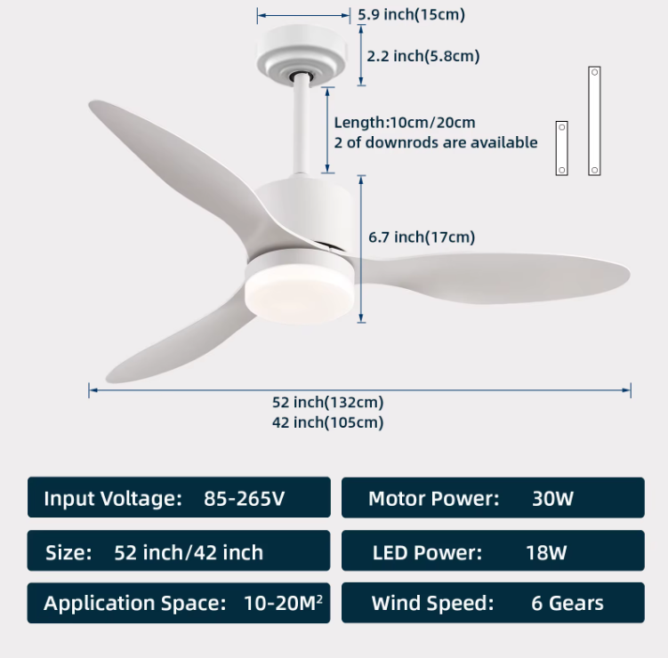 3-Blade Ceiling Fan - Modern LED Fan Light - 6 Speeds - Height Adjustable - Remote Control & APP - 105 cm - White - Living Room Light
