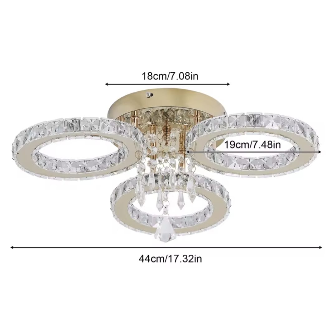 Gold 3 Circle Crystal LED Ceiling Light - Dimmable With Remote Control - 31 W - Modern Chandelier For The Living Room