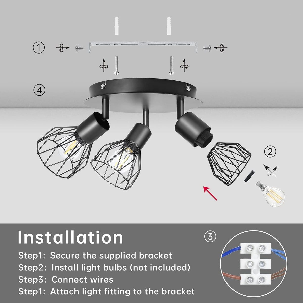 3-Head Vintage Ceiling Lamp - 360-Degree Rotatable - E14 - 3 Light Points - Living Room Lamp - Kitchen Lamp