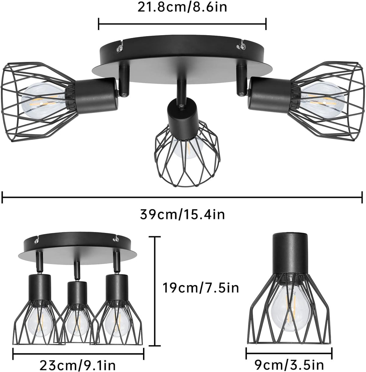 3-Head Vintage Ceiling Lamp - 360-Degree Rotatable - E14 - 3 Light Points - Living Room Lamp - Kitchen Lamp