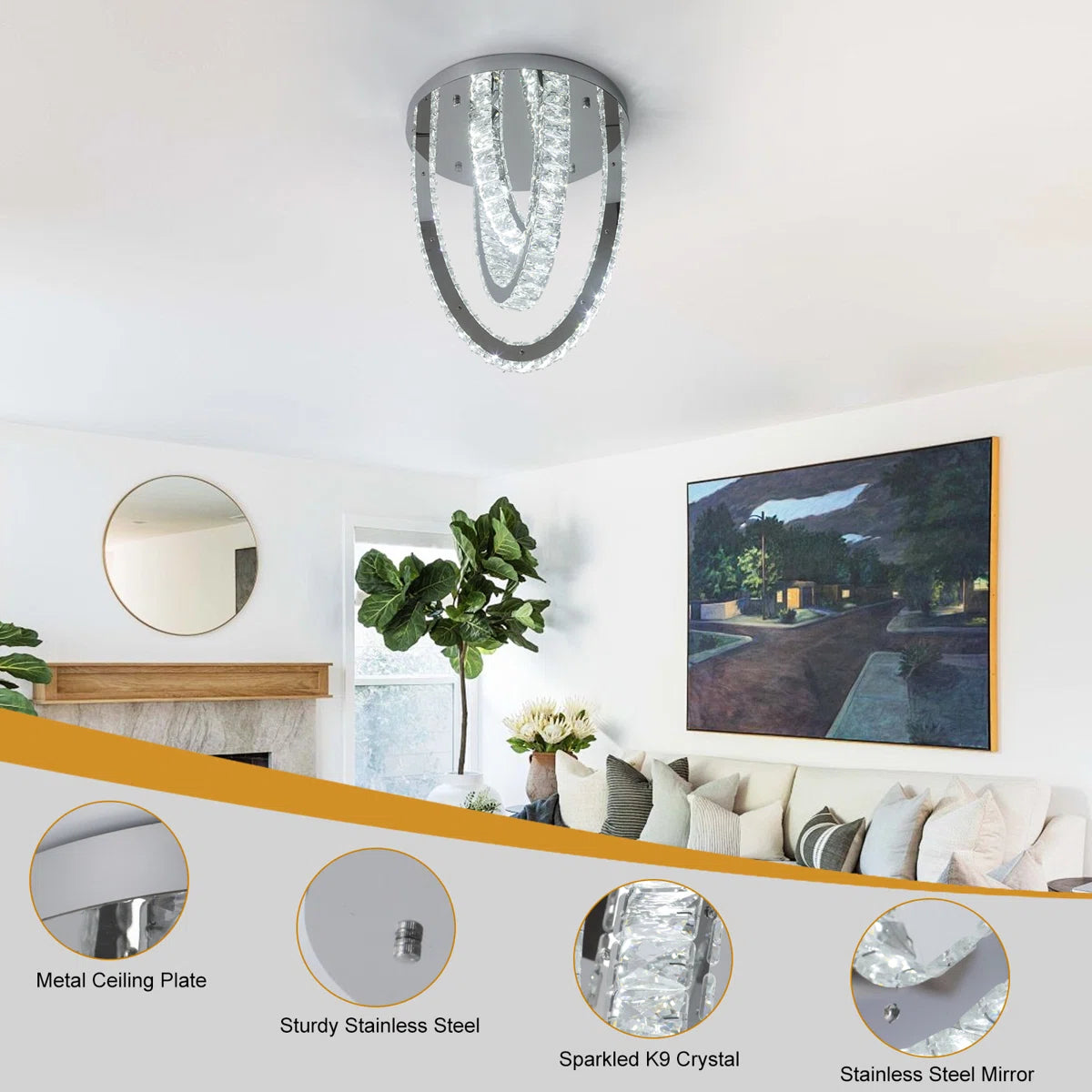 3 Ring Crystal Ceiling Light - Silver - For Living And Dining Room