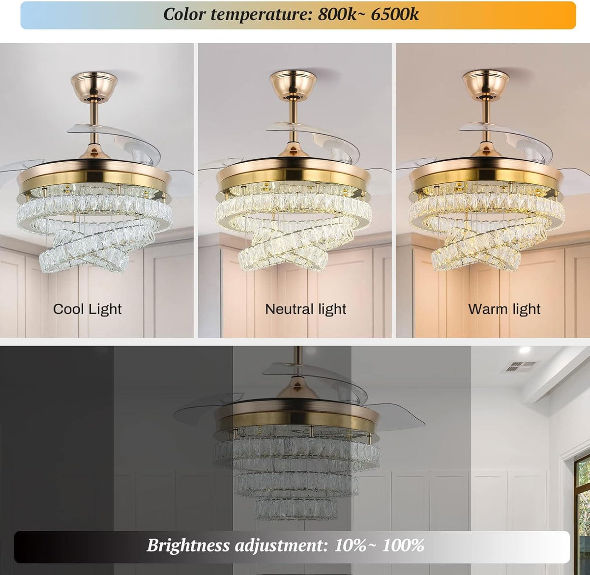 3 Ring Crystal Ceiling Fan Light - With Remote Control - Silent Fan - 106 cm - Gold - Timer - Living Room Fan Lamp - Modern Ceiling Fan Light - Chandelier Fan
