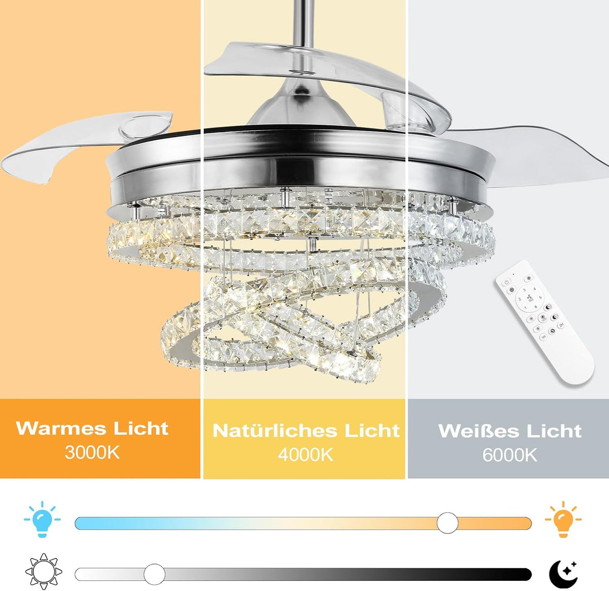 3 Ring Crystal Ceiling Fan Light - With Remote Control - Silent Fan - 106 cm - Chrome - Timer - Living Room Fan Lamp - Modern Ceiling Fan Light - Chandelier Fan