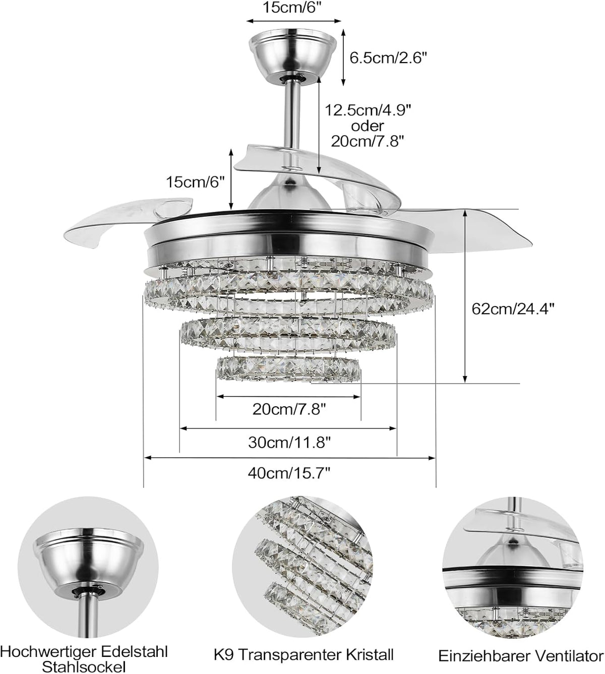 3 Ring Crystal Ceiling Fan Light - With Remote Control - Silent Fan - 106 cm - Chrome - Timer - Living Room Fan Lamp - Modern Ceiling Fan Light - Chandelier Fan