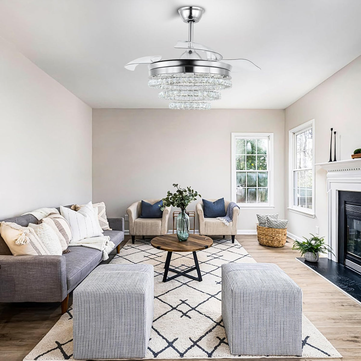 3 Ring Crystal Ceiling Fan Light - With Remote Control - Silent Fan - 106 cm - Chrome - Timer - Living Room Fan Lamp - Modern Ceiling Fan Light - Chandelier Fan