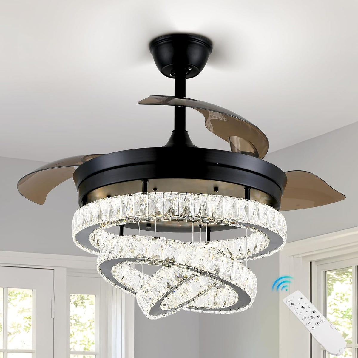 3 Ring Crystal Fan Lamp - With Remote Control - Silent Fan - 106 cm - Black - Timer - Living Room Fan Lamp - Modern Ceiling Fan Lamp - Chandelier Fan