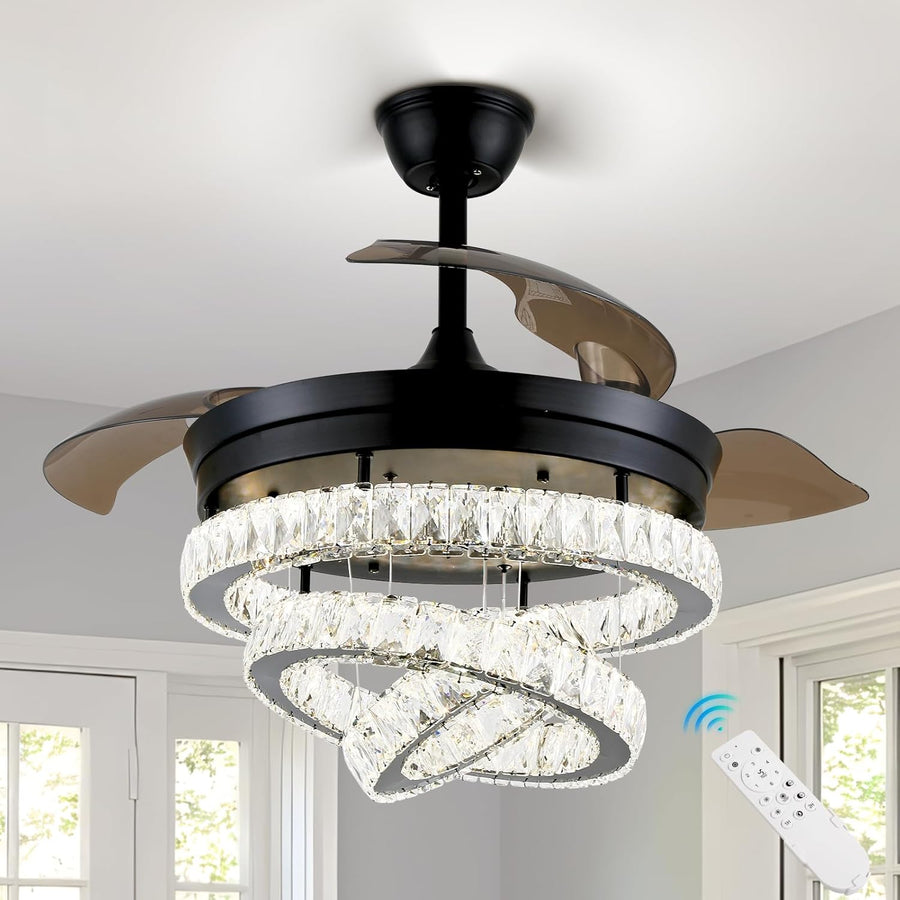 3 Ring Crystal Ventilator Lamp - Met Afstandsbediening - Stille Ventilator - 106 cm - Zwart - Timer - Woonkamerlamp Ventilator - Moderne Plafond Ventilator Lamp - Kroonluchter Ventilator