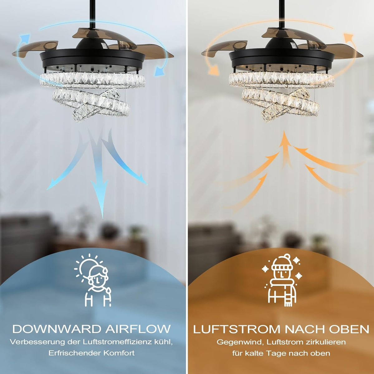 3 Ring Crystal Fan Lamp - With Remote Control - Silent Fan - 106 cm - Black - Timer - Living Room Fan Lamp - Modern Ceiling Fan Lamp - Chandelier Fan