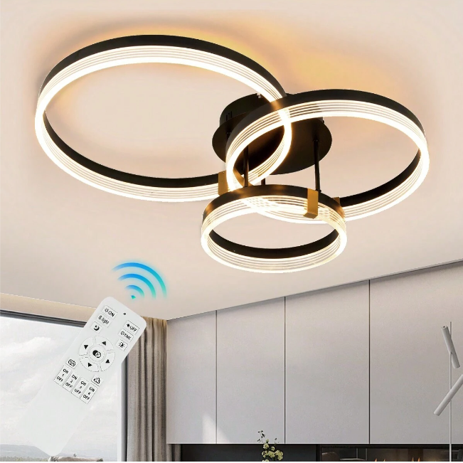 3 Ring Plafondlamp - Zwart/Goud - Dimbaar Met Afstandsbediening - Moderne LED Lamp - 30/40/50 cm - Woonkamerlamp