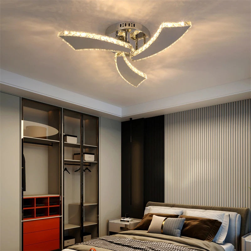 Modern 3 Wing Crystal LED Ceiling Light - Chrome - Cool White - For Living And Dining Room - Ceiling Fixture