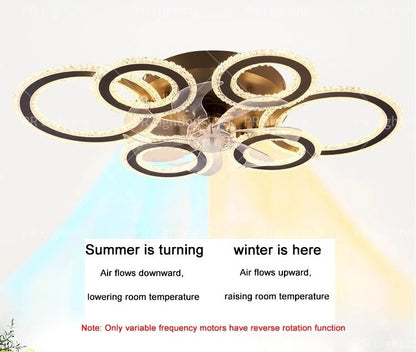 6 Ringen Kristallen Plafondventilator - Zwart - 6 Snelheden - Smart lamp - Dimbaar Met Afstandsbediening & APP - Moderne Cirkel Ventilator Licht - Crystal Kroonluchter Ventilator
