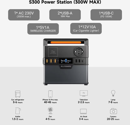 Allpowers - S300 Plus - Draagbare Krachtcentrale - 288Wh Powerstation - Output 300W (500W Piek) - Lithium-Ion - Noodstroomvoorziening - AC 1x, USB, USB-C, DC en Draadloos Opladen - Geschikt voor Kamperen en Reizen