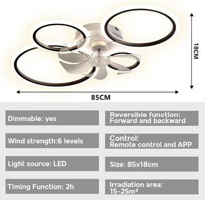 LuxiLamps - 4 Ringen LED Plafondventilator - Zwart - 6 Snelheden - Smart lamp - Dimbaar Met Afstandsbediening & APP - Moderne Cirkel Ventilator Licht - Kroonluchter Ventilator