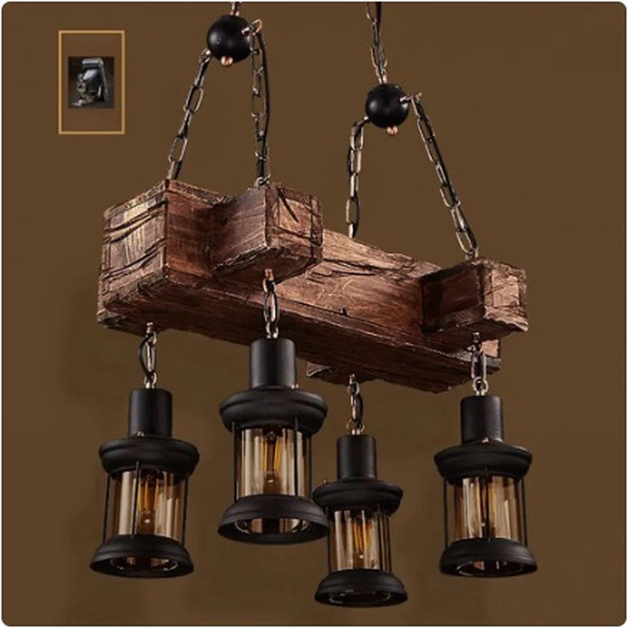 4 Kop Houten Kroonluchter - Vintage Hanglamp - 55 cm- Verstelbaar Ketting - Retro Hanglamp - Decoratie Lamp