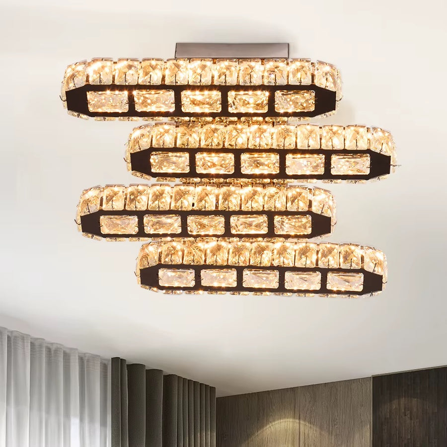 Crystal 4 Light Bar Ceiling Fixture - Chrome - SMD LED Included - 3 Switchable White Light Colours - Modern Chandelier For Living And Dining Rooms