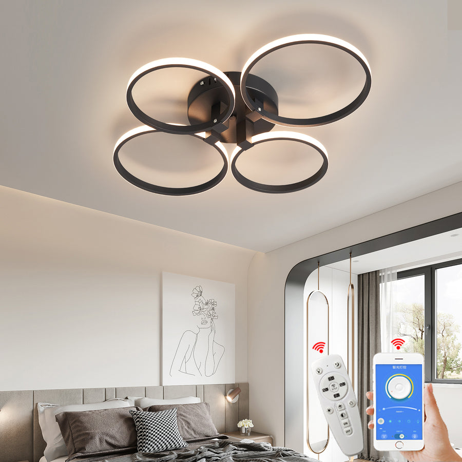 Modern 4 Ring LED Ceiling Light - Black - Dimmable With Remote Control And App - For Living And Dining Room - Ceiling Fixture