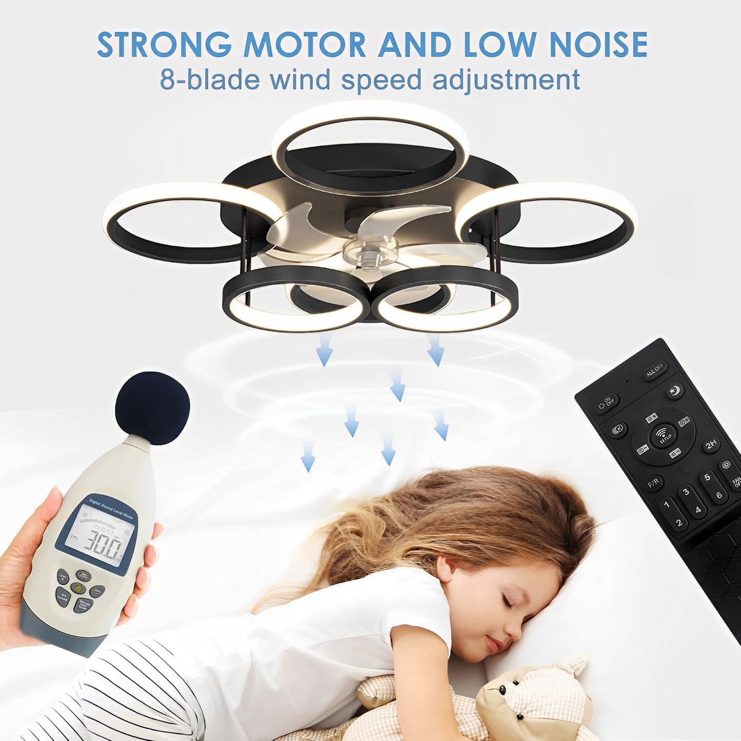 LuxiLamps - 6 Cirkel Plafondventilator - Zwart - 6 Snelheden - Dimbaar Met Afstandsbediening en APP - Moderne Smart Lamp Ventilator