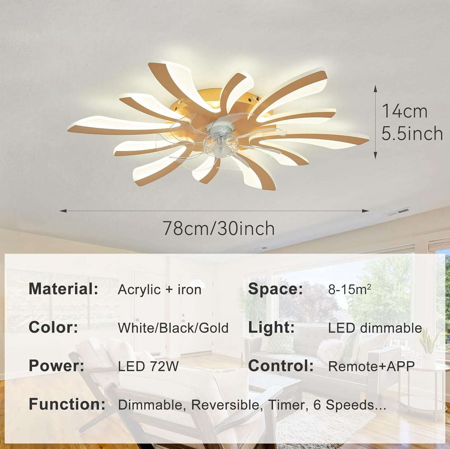 LuxiLamps - 5 Wing Fan Lamp - Dimmable With Remote Control - Gold - Ceiling Fan With LED - Living Room Lamp - Modern Lamp - Ceiling Lamp