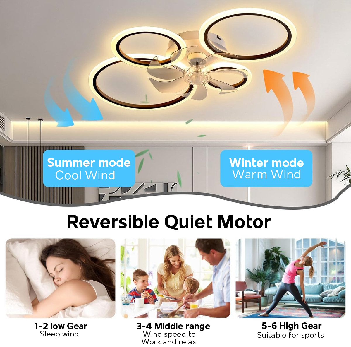 LuxiLamps - 4 Ringen LED Plafondventilator - Zwart - 6 Snelheden - Smart lamp - Dimbaar Met Afstandsbediening & APP - Moderne Cirkel Ventilator Licht - Kroonluchter Ventilator