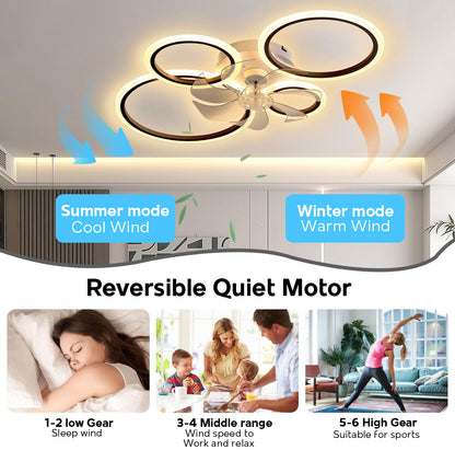 LuxiLamps - 4 Ringen LED Plafondventilator - Zwart - 6 Snelheden - Smart lamp - Dimbaar Met Afstandsbediening & APP - Moderne Cirkel Ventilator Licht - Kroonluchter Ventilator