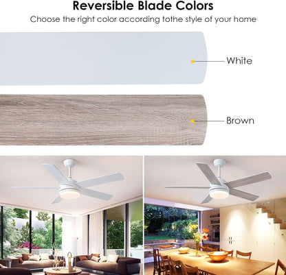 LuxiLamps - 5 Blad Plafondventilator - Moderne LED Ventilator - 3 Snelheden - Bedienbaar Met Afstandsbediening - 132 cm - Wit - Omkeerbare Bladen