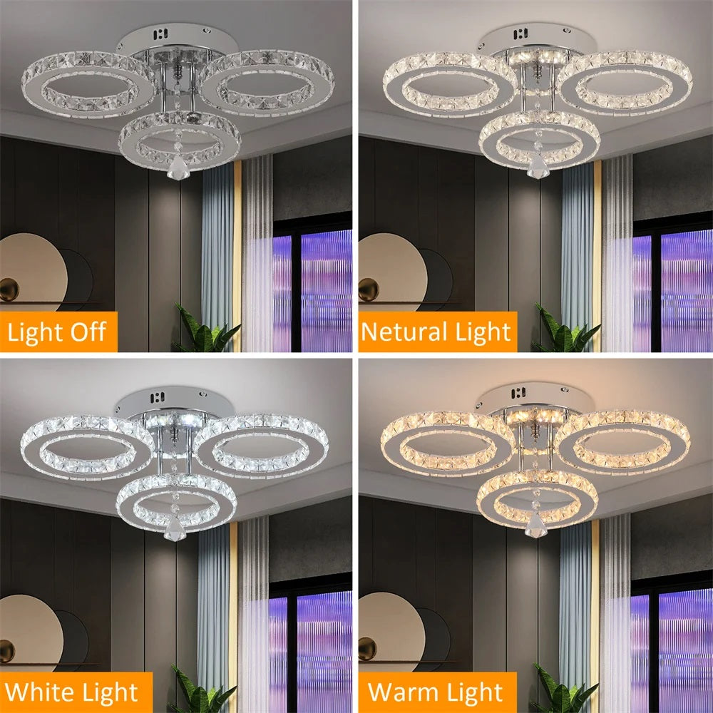LuxiLamps - 3 Cirkel Chroom Kroonluchter - Dimbaar Met Afstandsbediening - Woonkamerlamp - LED Plafondlamp - Plafonniere - Crystal LED Lamp