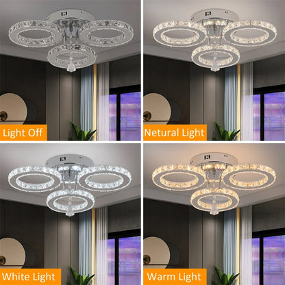 LuxiLamps - 3 Cirkel Chroom Kroonluchter - Dimbaar Met Afstandsbediening - Woonkamerlamp - LED Plafondlamp - Plafonniere - Crystal LED Lamp
