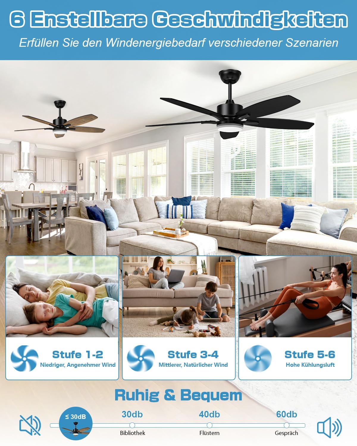 5-Blade Ceiling Fan - Modern LED Fan - 6 Speeds - Reversible Blades - Black or Brown - Remote Control - 107 cm
