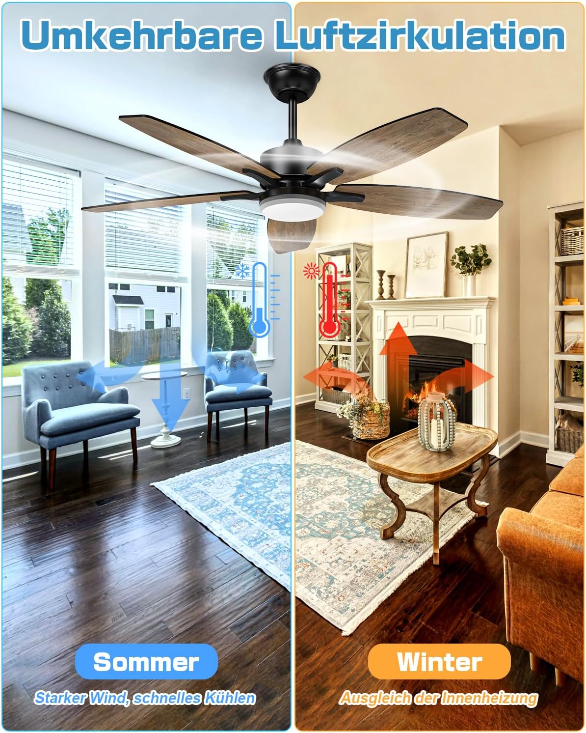 5-Blade Ceiling Fan - Modern LED Fan - 6 Speeds - Reversible Blades - Black or Brown - Remote Control - 107 cm