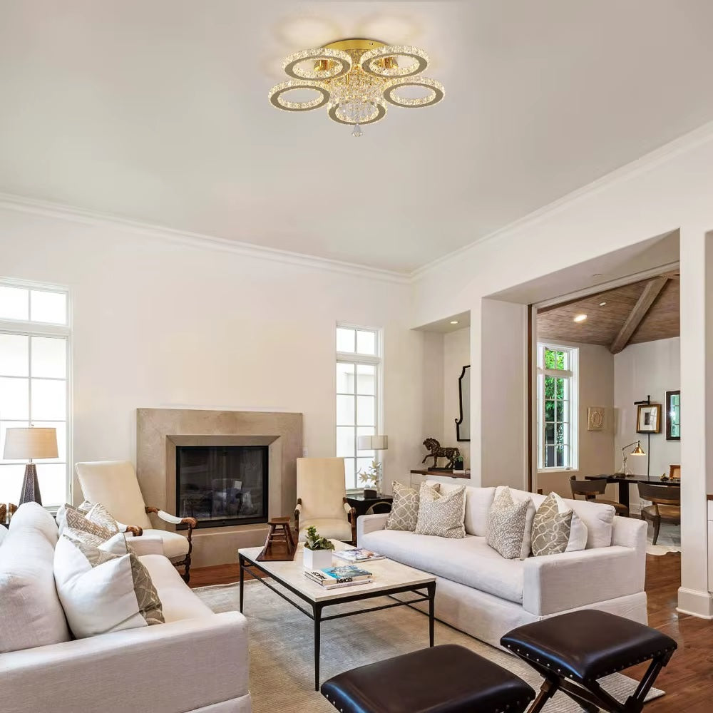 Gold 5 Circle Crystal LED Ceiling Light - Dimmable With Remote Control - 50 W - Modern Chandelier For The Living Room