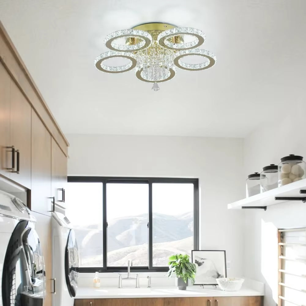 Gold 5 Circle Crystal LED Ceiling Light - Dimmable With Remote Control - 50 W - Modern Chandelier For The Living Room
