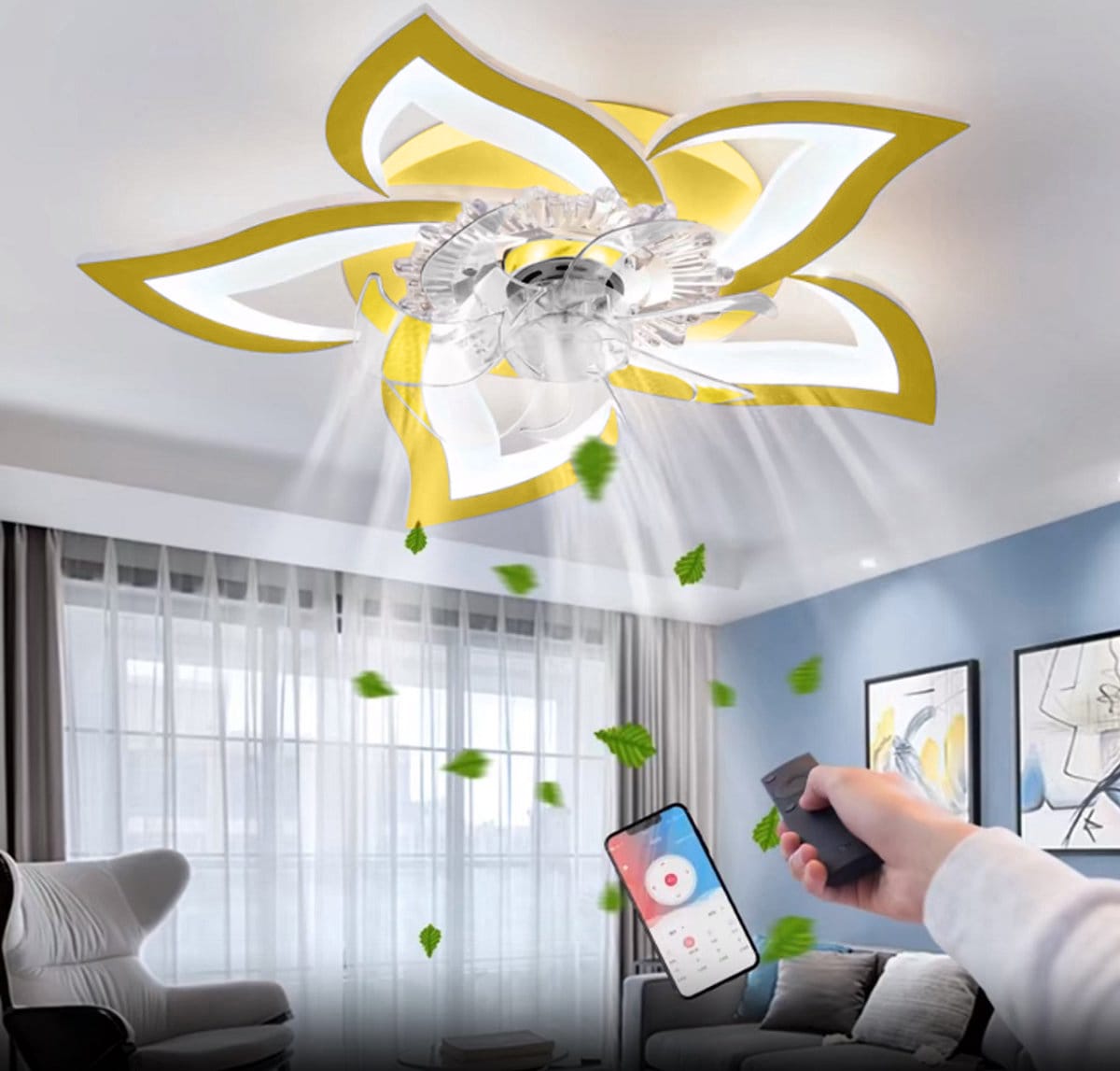 5 Lotus Ventilator Lamp - Plafondventilator - Smart Lamp - Met Dimmer - 6 Standen Ventilator - Keuken Lamp - Woonkamerlamp - Moderne lamp