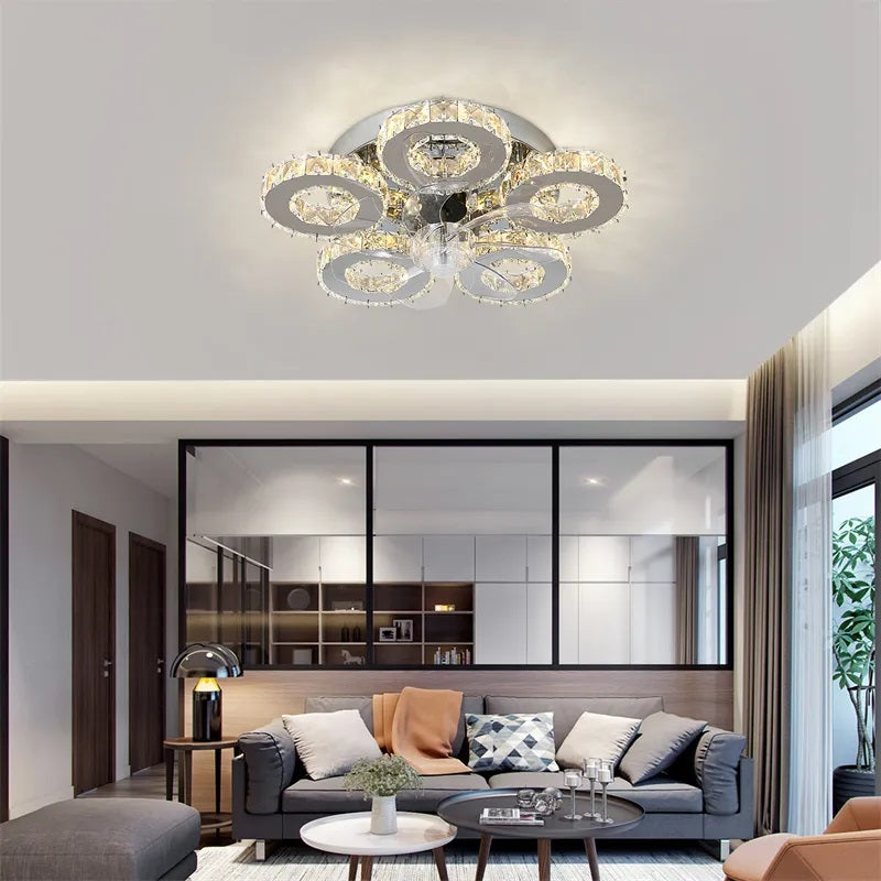 5 Ringen Crystal Plafondlamp - Plafondventilator - Smart Lamp - Met Dimmer - 6 Standen Ventilator