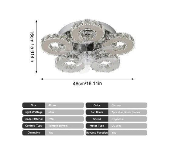5 Ringen Crystal Plafondlamp - Plafondventilator - Smart Lamp - Met Dimmer - 6 Standen Ventilator
