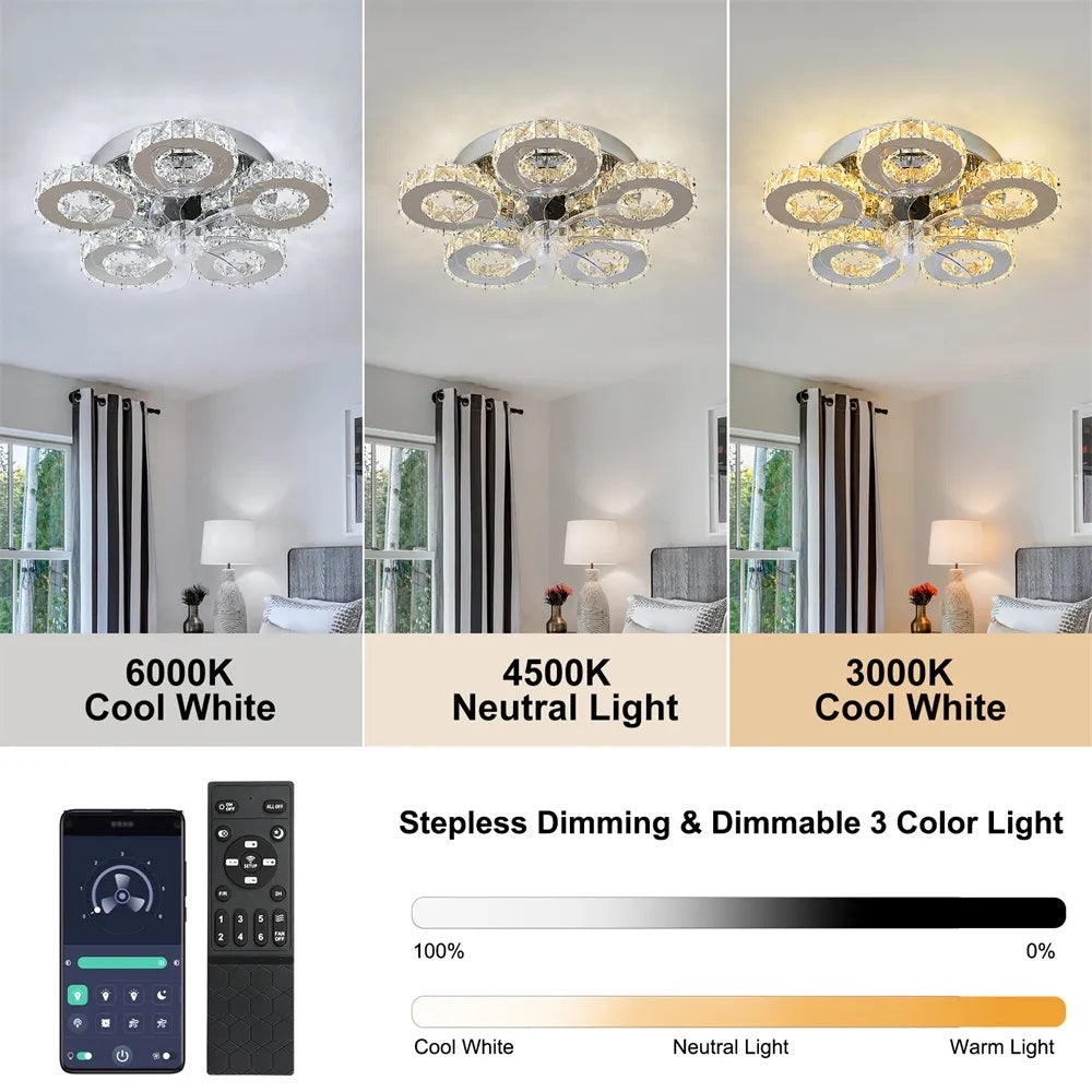 5 Ringen Crystal Plafondlamp - Plafondventilator - Smart Lamp - Met Dimmer - 6 Standen Ventilator