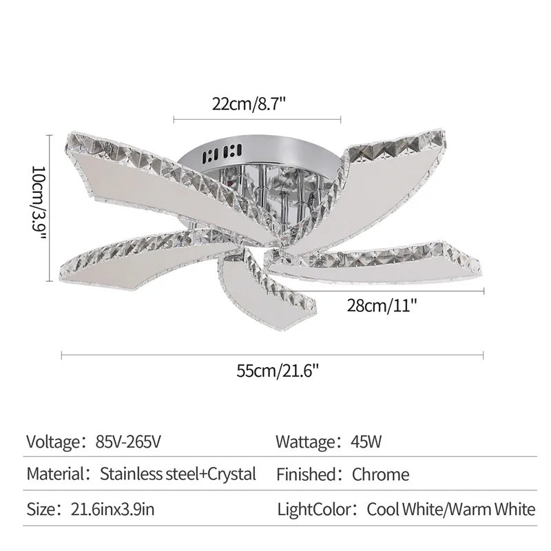 Moderne 5 Vleugels Kristallen LED Plafondlamp - Chroom - Koud Wit - Voor Woonkamer En Eetkamer - Plafonnière