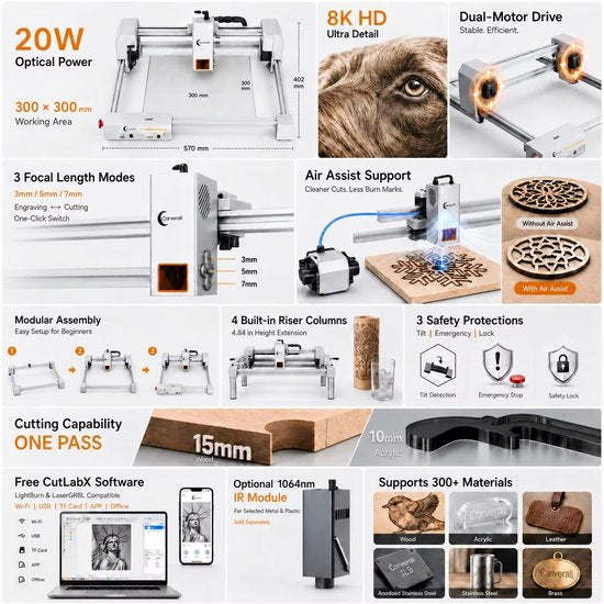 Laser Graveermachine JL9 - Laser Cutter - 20W - Lasergraveermachine - Met Dubbele Motor - Graveren - Display - WiFi App - 300x300 mm - Laser Snijmachine - Bedienbaar Met APP