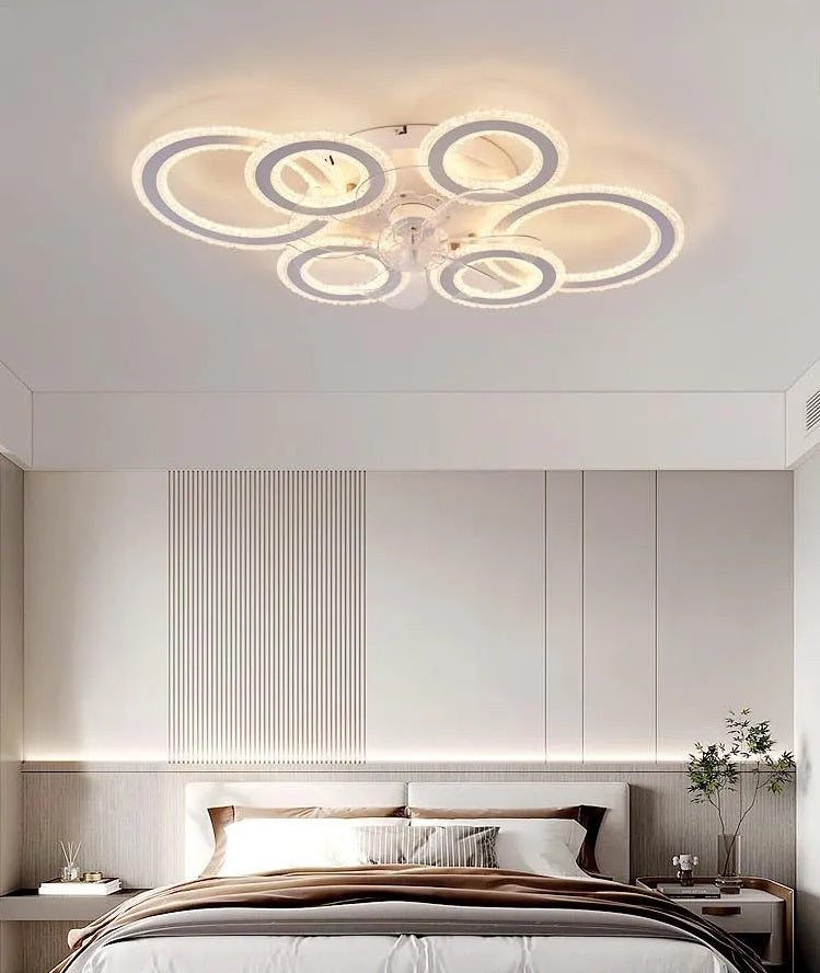 6 Ringen Kristallen Plafondventilator - Wit - 6 Snelheden - Smart lamp - Dimbaar Met Afstandsbediening & APP - Moderne Cirkel Ventilator Licht - Crystal Kroonluchter Ventilator