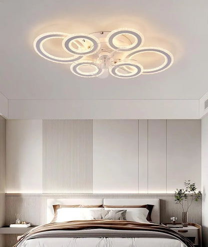 6 Ringen Kristallen Plafondventilator - Wit - 6 Snelheden - Smart lamp - Dimbaar Met Afstandsbediening & APP - Moderne Cirkel Ventilator Licht - Crystal Kroonluchter Ventilator