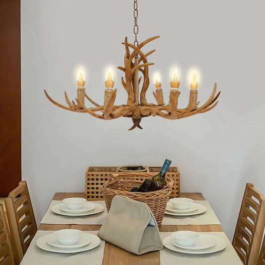 Houten Chandelier - 6 Arm Hout Kroonluchter - Herten Hoorn Stijl - 75 cm - Hanglamp - Woonkamerlamp - Moderne lamp