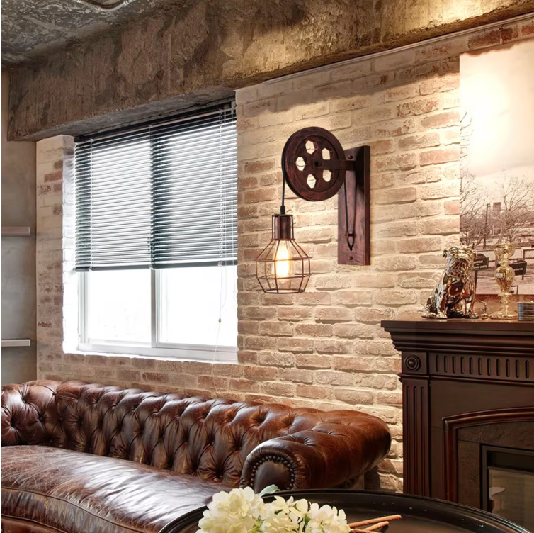 LuxiLamps- Klassieke Retro Wielvormige Wandlamp - E27 - Muur Verlichting - Warm Wit - Bruin - 40W - Industriële Metalen Wandlamp