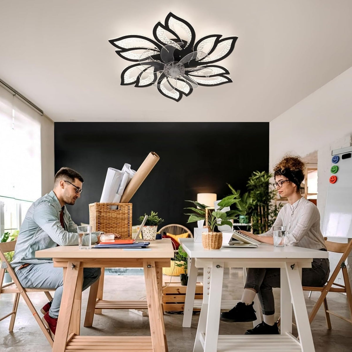 6 Bloem Crystal Ventilator Lamp - Plafondventilator - Zwart - 6 Standen - Smart Lamp - Dimbaar - Kroonluchter Ventilator - Chandelier Fan - Woonkamerlamp - Ventilator Lampen