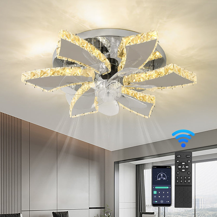 Lotus Ventilatorlamp Met LED - 6 Lichtarmen - Chroomkleurig - Kristalaccent - Dimbaar - 3 Snelheden - Afstandsbediening En App