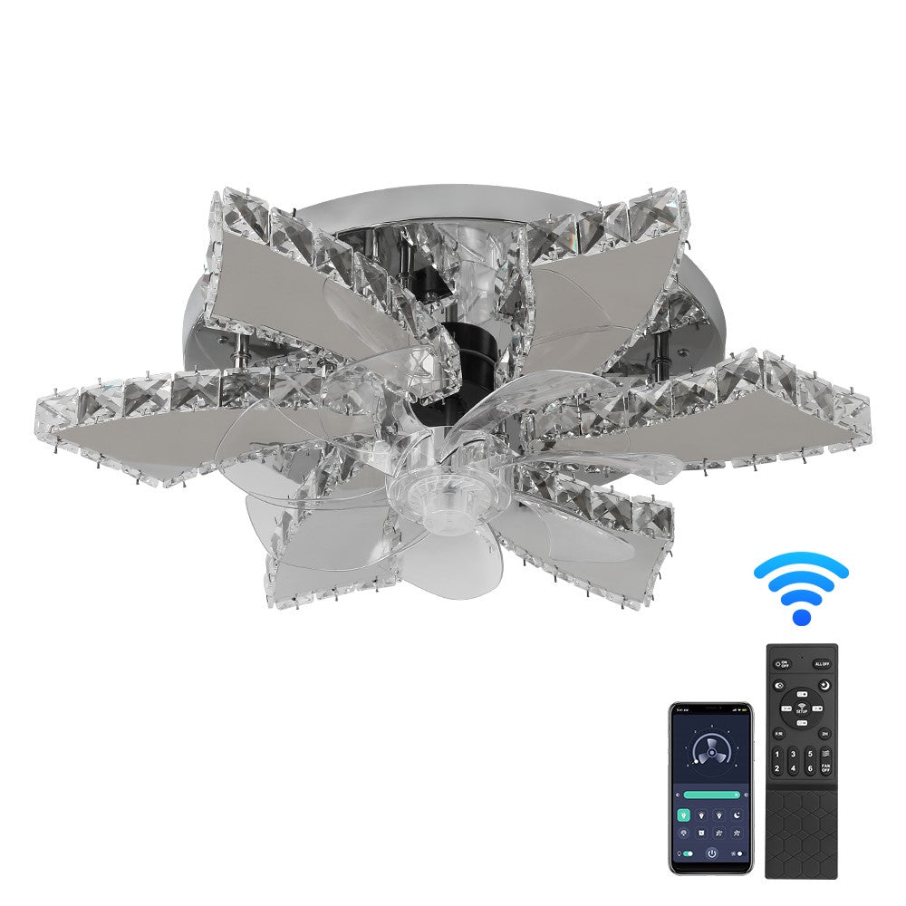 Lotus Ventilatorlamp Met LED - 6 Lichtarmen - Chroomkleurig - Kristalaccent - Dimbaar - 3 Snelheden - Afstandsbediening En App