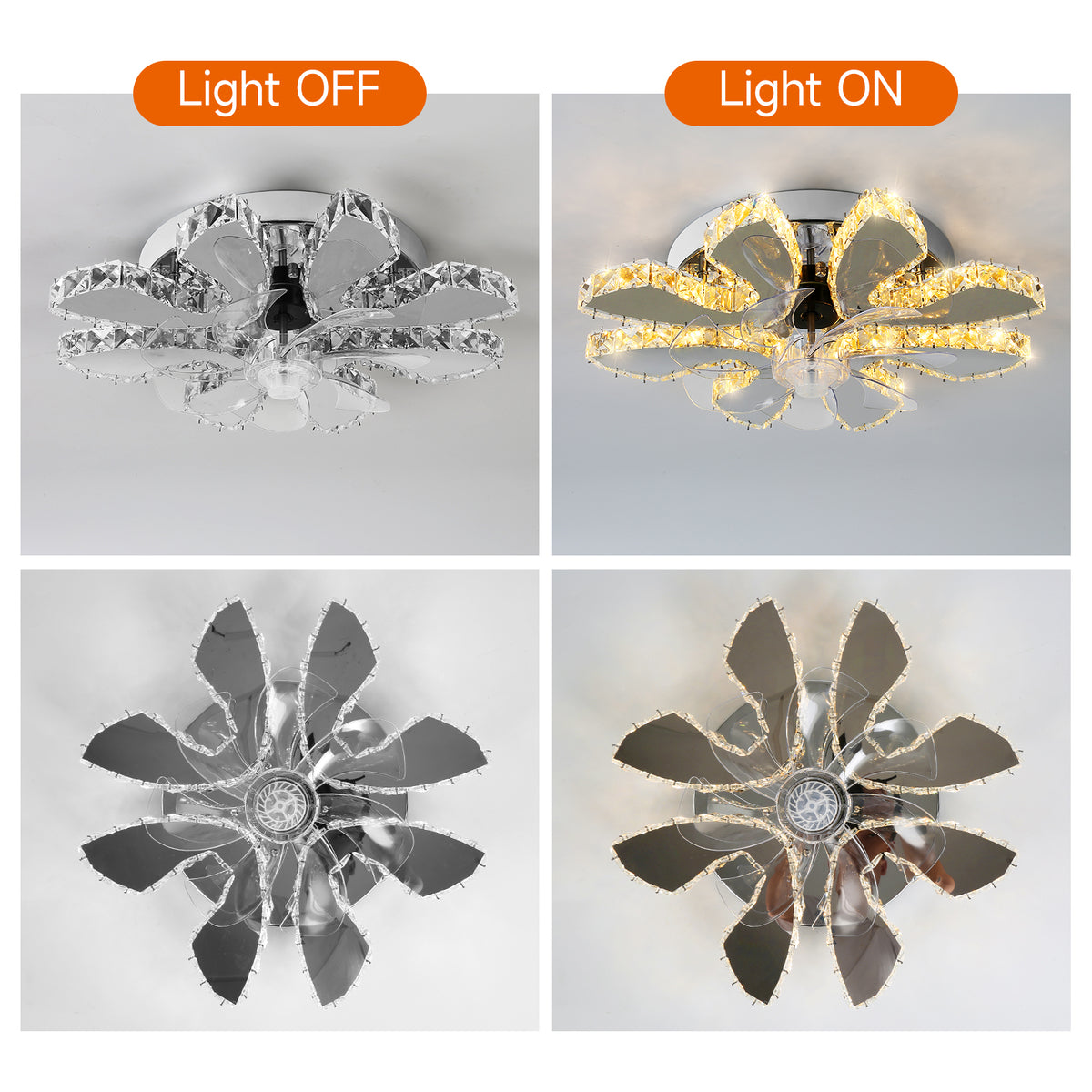 Lotus Ventilatorlamp Met LED - 6 Lichtarmen - Chroomkleurig - Kristalaccent - Dimbaar - 3 Snelheden - Afstandsbediening En App