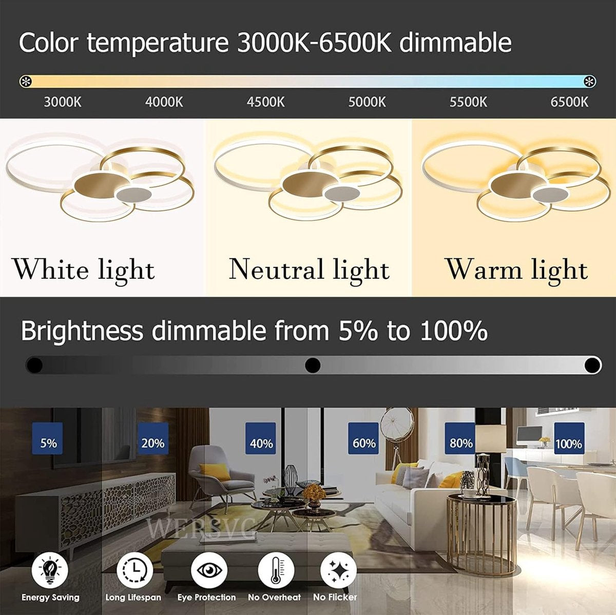Modern Ring LED Ceiling Light - Gold - Length 100 cm - Dimmable With Remote Control - For Living And Dining Room - Ceiling Fixture