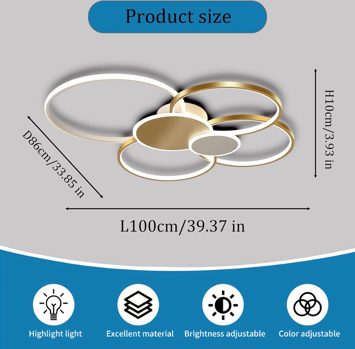 Modern Ring LED Ceiling Light - Gold - Length 100 cm - Dimmable With Remote Control - For Living And Dining Room - Ceiling Fixture